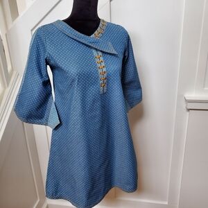 Light denim blue polka dot long smock tunic top kurta
